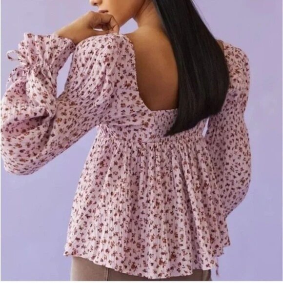 Urban Outfitters Floral Milkmaid Babydoll Top Poet Sleeves Tie Cuff Sz M - Picture 2 of 12